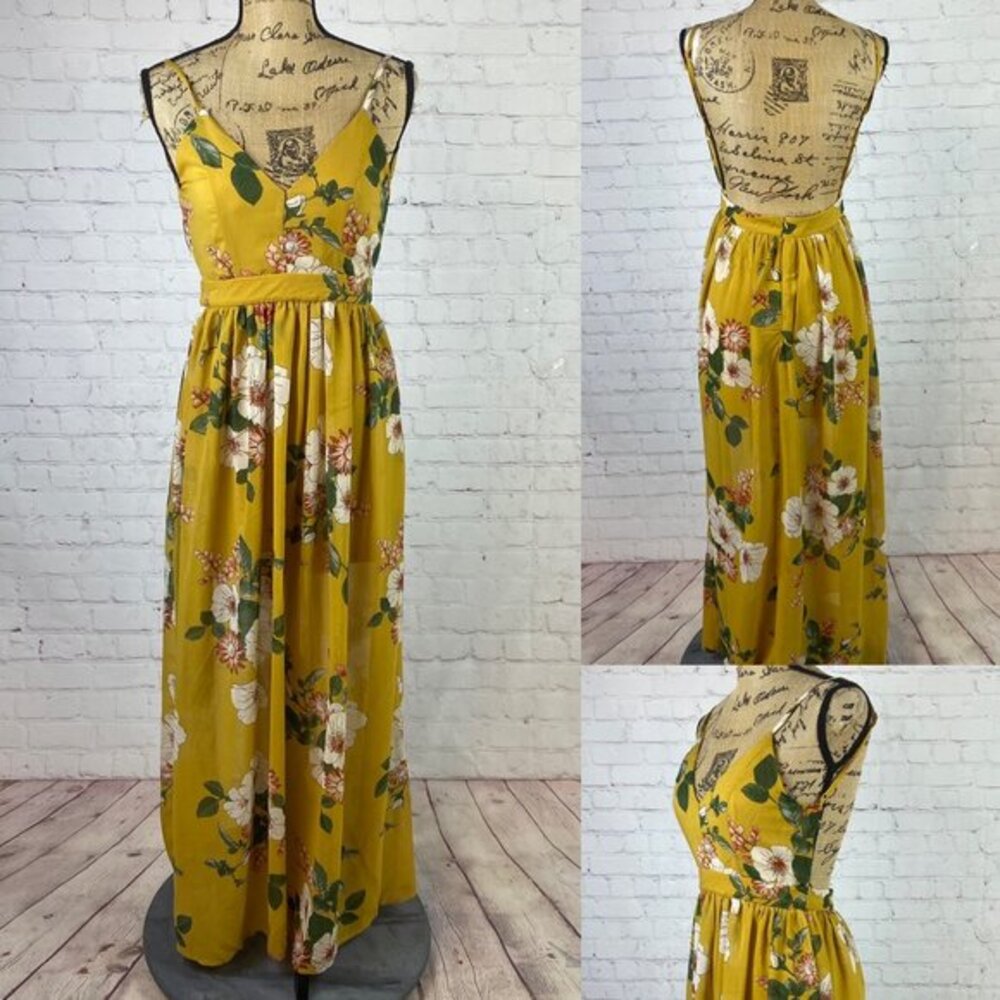 Love, tree Yellow Floral Print Open Back Maxi